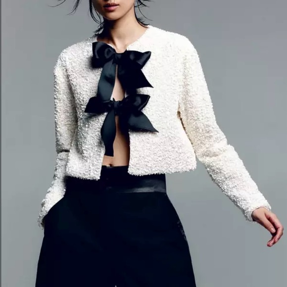 *SOLD*H&M Tie-front Sequined Jacket Off White/black bow size Small Price is firm - Picture 1 of 5